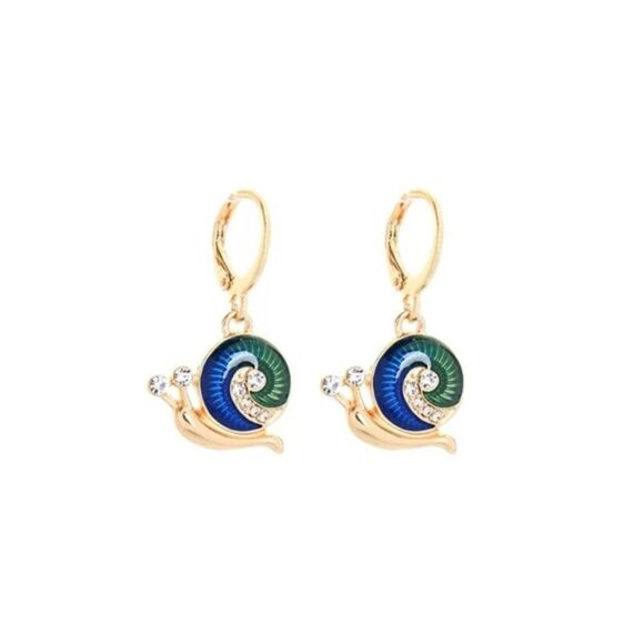 Enamel Glaze Snail White Crystal Leverback Dangle Statement Earrings - Picture 1 of 6